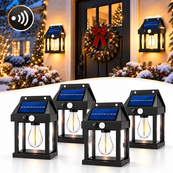 PEUHOP 4 Pack Black Solar Wall Lights Outdoor, Waterproof Motion Sensor Outdoor Lights, Warm White Porch Lights with 3 Modes for Front Door and Patio
