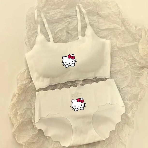 Sanrio Hello Kitty-ropa interior de dibujos animados de Anime Y2K, chica picante, tirantes sin rastro de seda de hielo, conjunto de sujetador sin anillo de acero