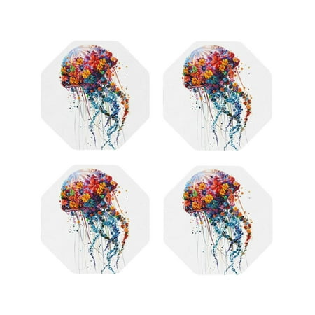 

Drink Coasters Set of 4 Colorful Floral Jellyfish Leather Coasters for Coffee Table Protector Heat Resistant Cute Coasters for Home Decor Housewarming Gifts Bar Kitchen 4 Inch Octagon