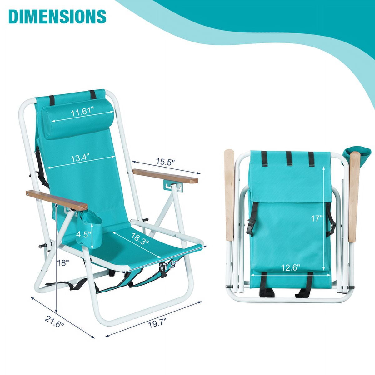 2 Pack Beach Chairs with Headrest & Cup Holder, Portable Backpack Camping Chairs 4-Position Lightweight Folding Chairs Support 265lbs