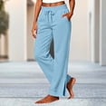 thumbnail image 2 of HomeDM Women's Wide Leg Sweatpants with Pockets Side Slit Hem Baggy Lounge Pants Light Blue Drawstring Waist Travel Joggers Size S, 2 of 6