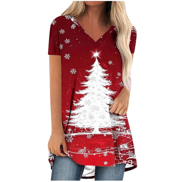 Camiseta Impresa con Cuello en V de Manga de Raglan de la Parte Trasera Larga Delantera Corta de las Mujeres de Navidad, Vacaciones Informales
