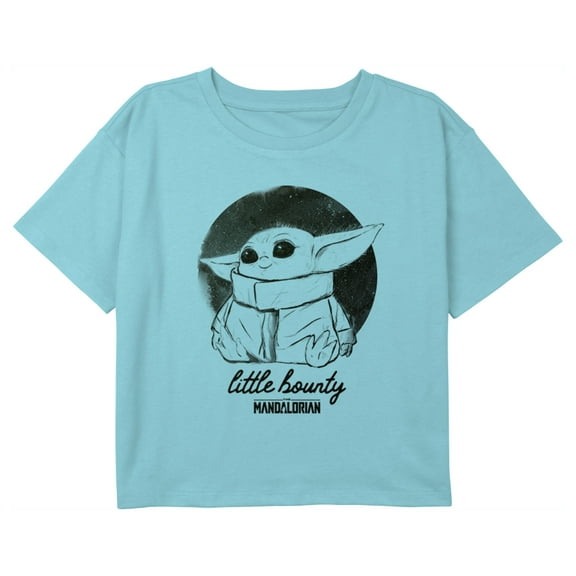 Girl's Star Wars: The Mandalorian Grogu Fuzzy Eyes Graphic Cropped T-Shirt Blue Small