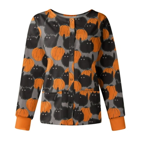 

Christmas Scrub Tops Women Long Sleeve Crewneck Medical Scrub Shirts Print Workwear Tops with Pockets