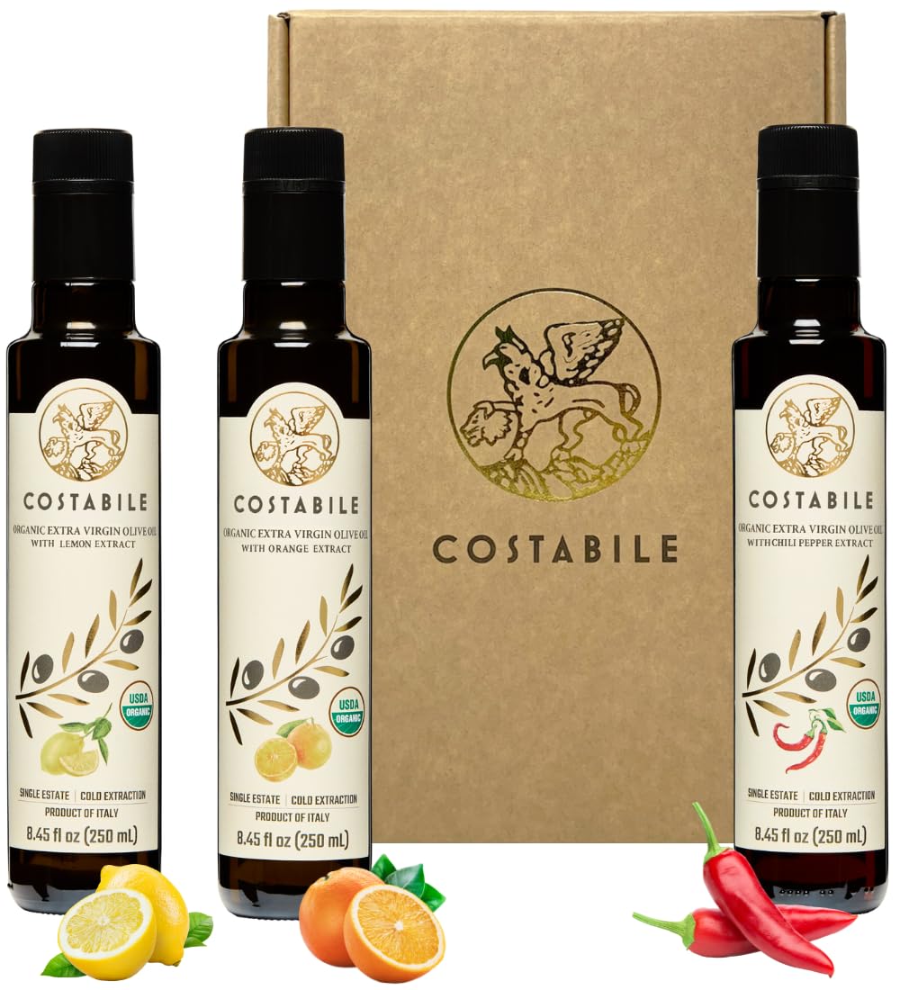 Olive Oil Gift Box. Infused olive oil gift sets from Italy. Ideal addition to edible gift basket and vegetarian gift baskets - COSTABILE 3 x 8.45 Fl. Oz.