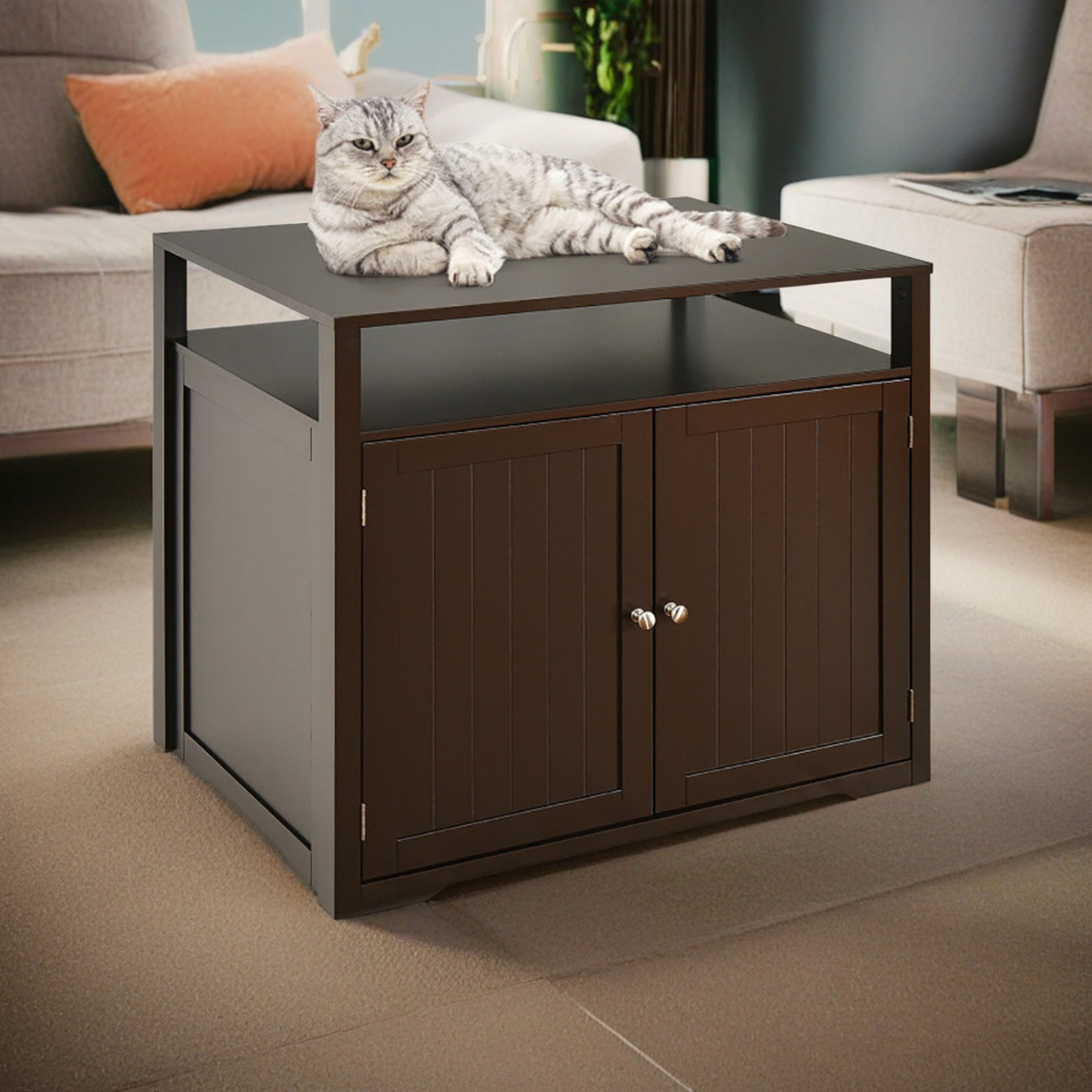 Kadyn 31" Cat Litter Box Enclosure Furniture, Cat Litter Box Cabinet Hidden with Storage Shelf, Cat House with Doors and Divider, Brown