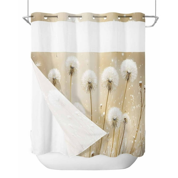 No Hook Shower Curtains with Snap in Liner, Rustic Dandelion Waterproof Fabric Shower Curtain, Farmhouse Botanical White Floral Double Layers & See-Through Top Window Bathroom Curtains 72''x72''