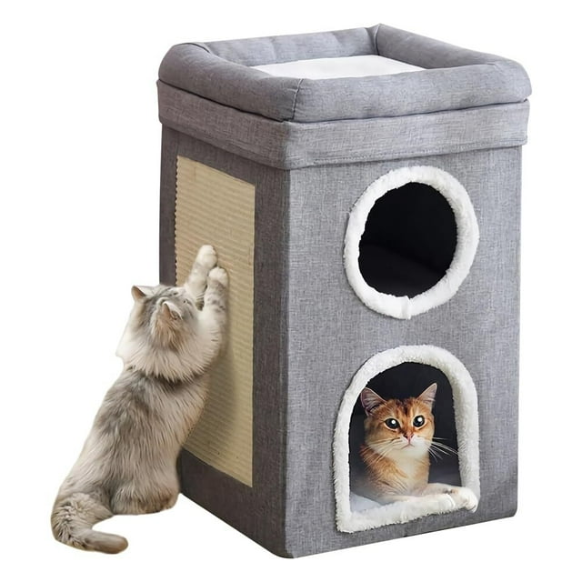 Cama para Gato 3 Niveles, Casa Condominio Almohadilla Rascadora con 2 Cojines Extraíbles, Cubo Plegable Escondite Plataforma Cueva para Gato Torre Casa para Gatito Interior Antideslizante