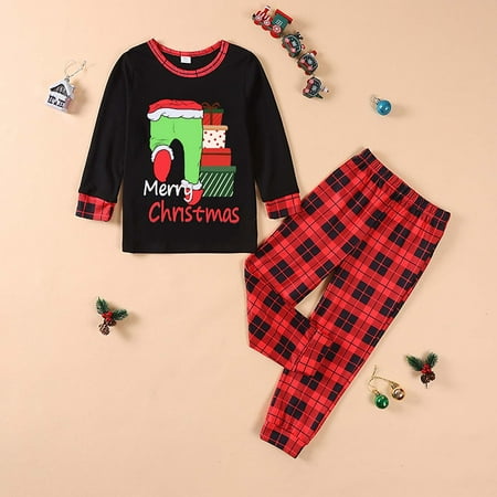 

Virmaxy Christmas Pajamas for Family Matching Pjs Two-piece Set Toddler Kids Merry Christmas Letter Printed Sleepwear Color Block Leopard Printed Blouse With Elastic Waist Pants Set Black-B 7