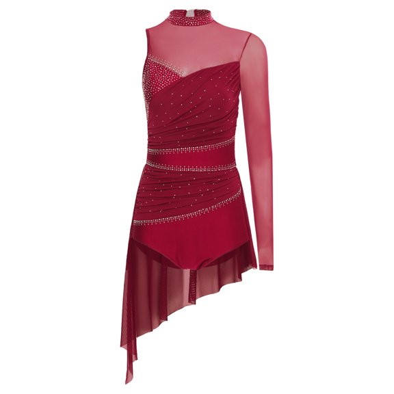 Kaerm Women's Rhinestones Lyrical Dance Dress Asymmetrical Skirted Leotard Figure Skating Dress Burgundy M