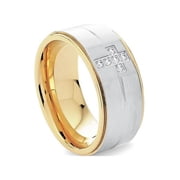 316L Stainless Steel Gold Plated IP 2-Tone White CZ Cross Ring Size 10