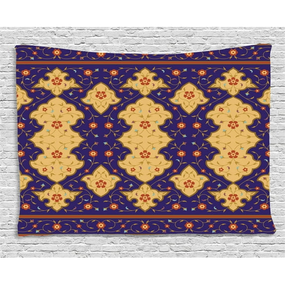 Moroccan Tapestry, Traditional Arabic Border Visual Ottoman Art Inspired Unusual Repeating Pattern, Wall Hanging for Bedroom Living Room Dorm Decor, 80W X 60L Inches, Yellow Blue , by Ambesonne