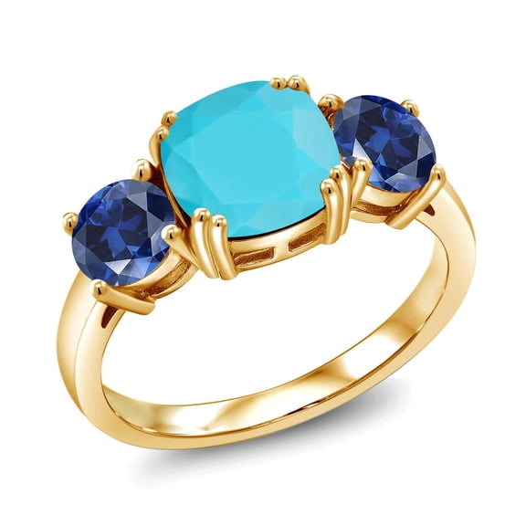 Gem Stone King 18K Yellow Gold Plated Silver Green Turquoise and Blue Created Sapphire 3 Stone Engagement Ring for Women (3.20 Cttw, Gemstone, Cushion 8MM, Size 9)