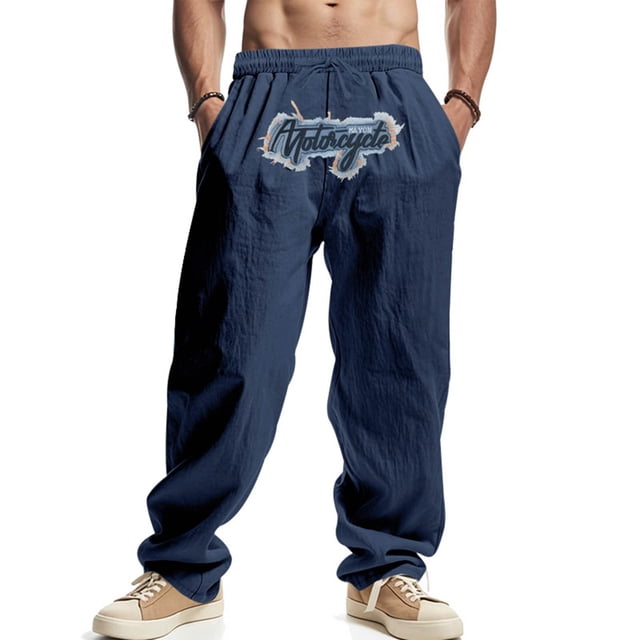 Pantalones largos para hombre, holgados, informales, de lino, de color liso, con bolsillo bordado, cordón ajustable y cintura elástica, de poliéster.