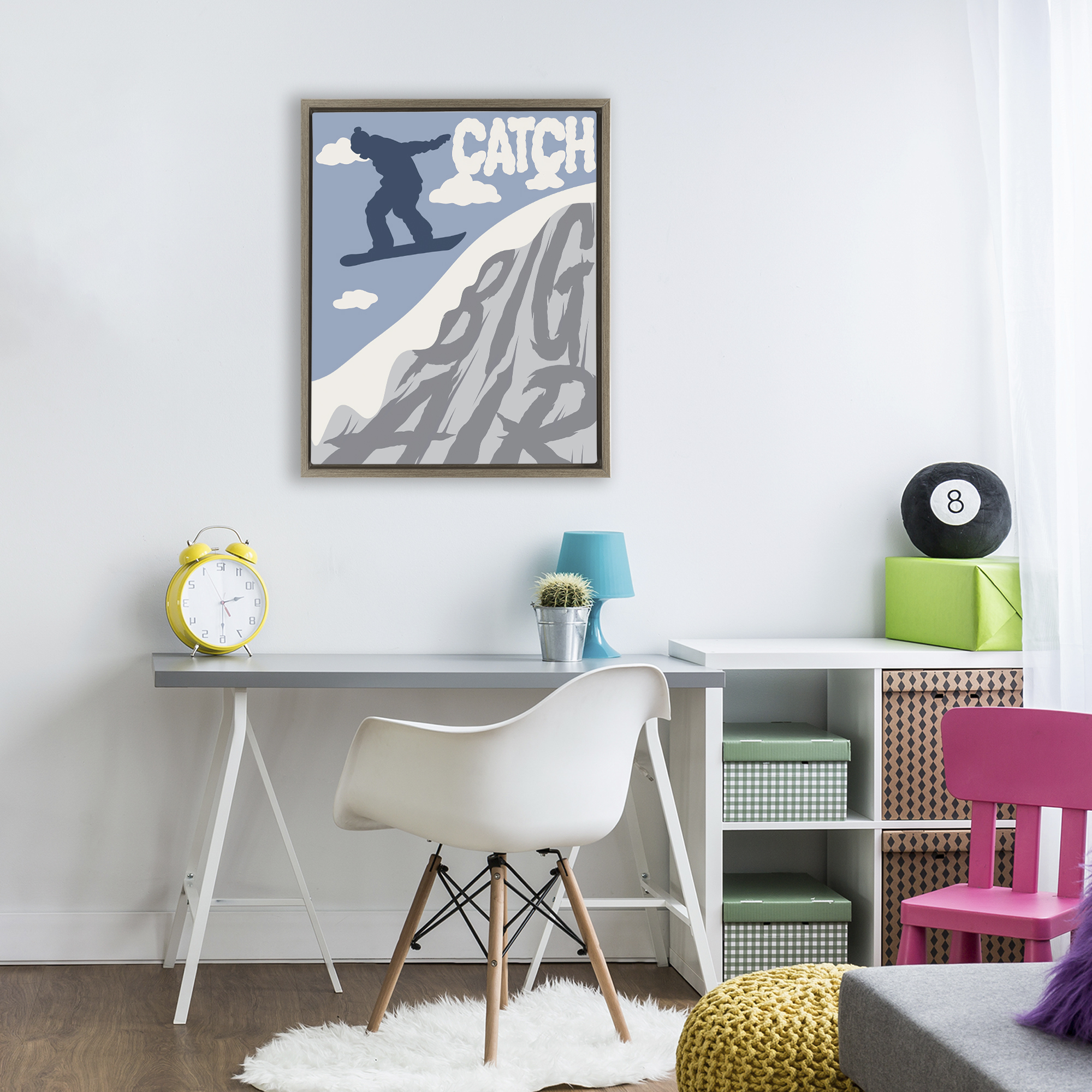 Catch Big Air Snowboard Brown Framed Floater Canvas Wall Art, design by Marcus Prime