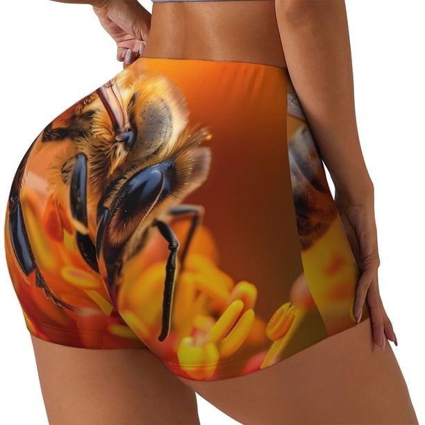 Balery Honeybee On Vibrant Flower Pantalones cortos de entrenamiento estampados para mujer, sin costuras, ajustados, para gimnasio, yoga, correr, deportes, ejercicio activo, fitness.-XX-Large