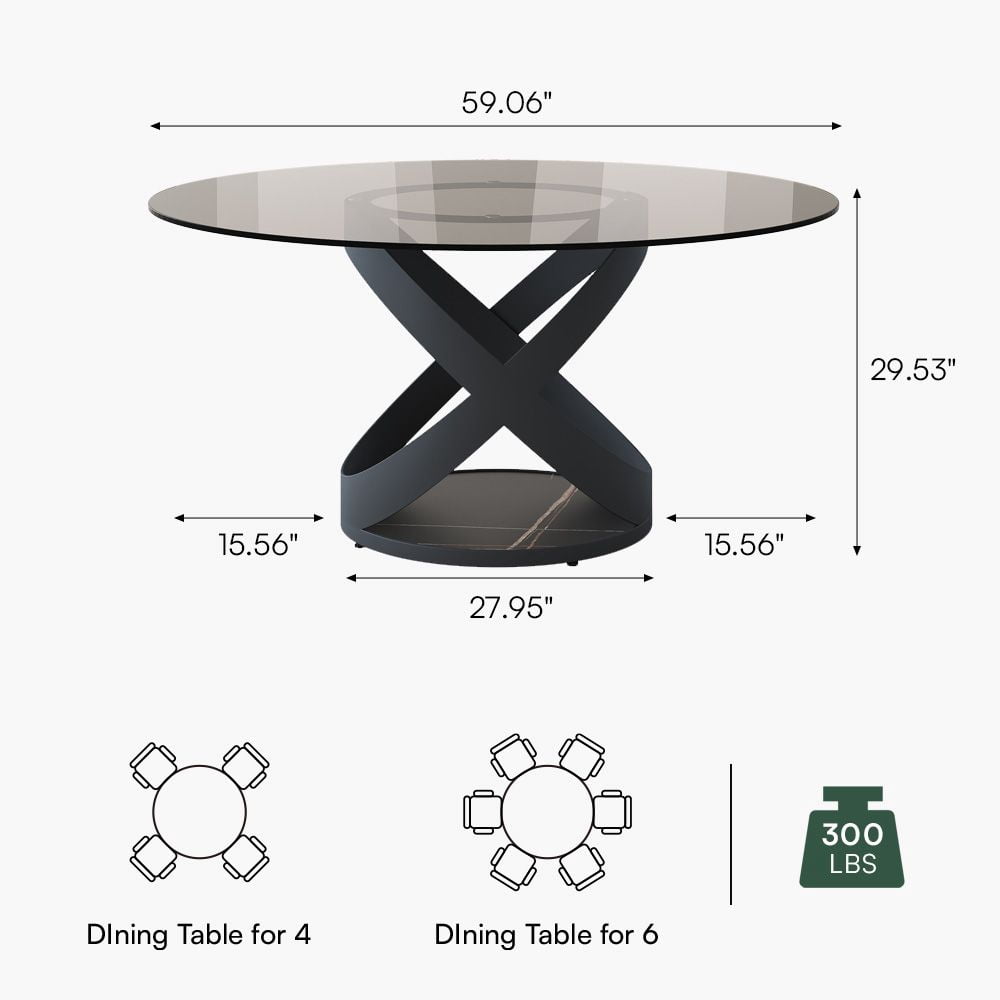 POVISON-59"Modern Round Glass Dining Table for 6, Gray Tempered Glass Circle Dining Room Table for Kitchen, Glass Kitchen Table, Black X Carbon Steel Base