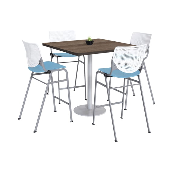 KFI Studios Mode Square 3' Bistro Table Set, Studio Teak, 4 White & Sky Blue KOOL Barstools