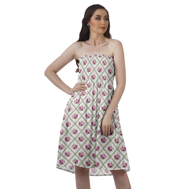 Moomaya Robes d'Été Sans Bretelles pour Femmes en Crêpe Imprimé, Robe Tube Smockée pour Femmes