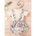 thumbnail image 4 of Seyurigaoka 3Pcs Baby Girls Summer Cute Sweet Romper Outfit, Solid Color Round Collar Fly Sleeve Jumpsuit + Floral Print Suspender Shorts + Headwear, 4 of 9