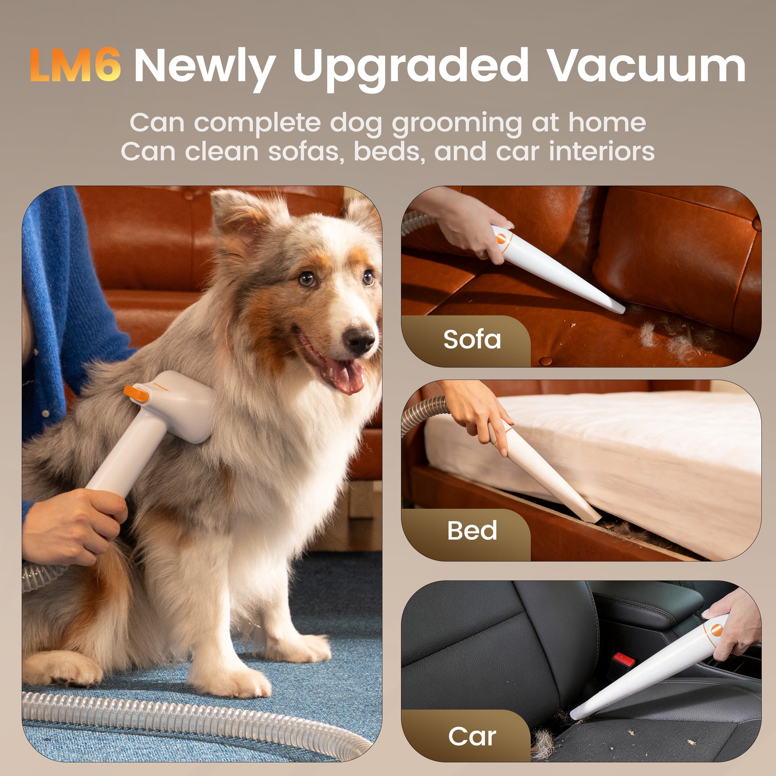 Oneisall LM6 15000Pa Dog Grooming Vacuum for Shedding 99% Pet Hair, 9-in-1 400W Dog Grooming Kit with 2L Dust Cup & Grooming Tools, Pet Hair Vacuum Cleaners for Home, Orange