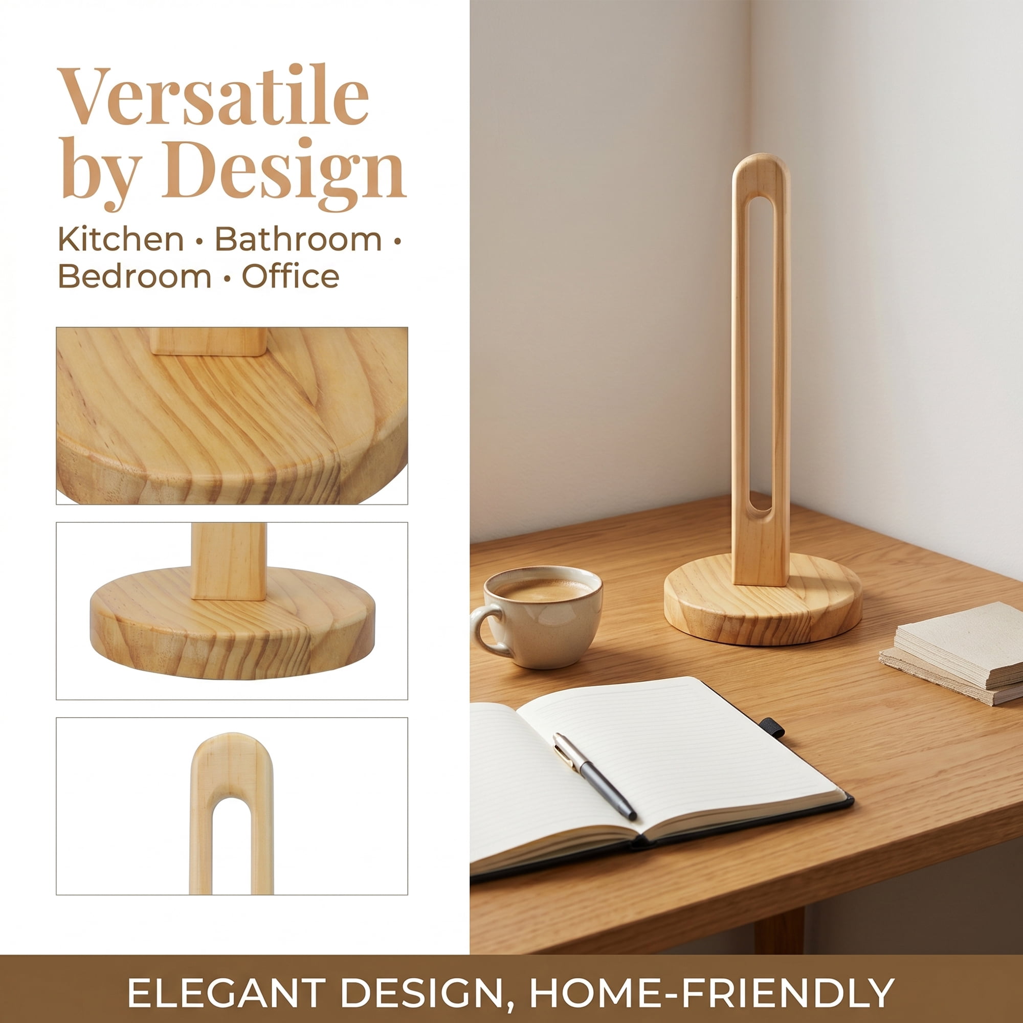Unique Bargains Paper Towel Holder Countertop Modern Base Wood Light brown 11.4x5.1inch