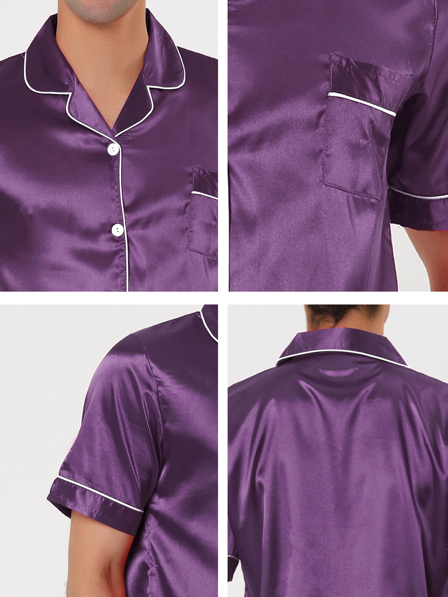 Unique Bargains Men's Sleepwear Short Sleeve Top and Pants Satin Pajama Set S Purple