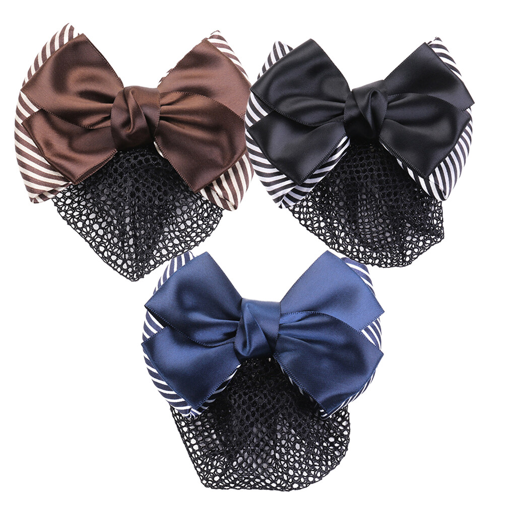 3Pcs Head Flower Hairpin Barrette Bowknot Snood Net Hair Clip Bun Cover