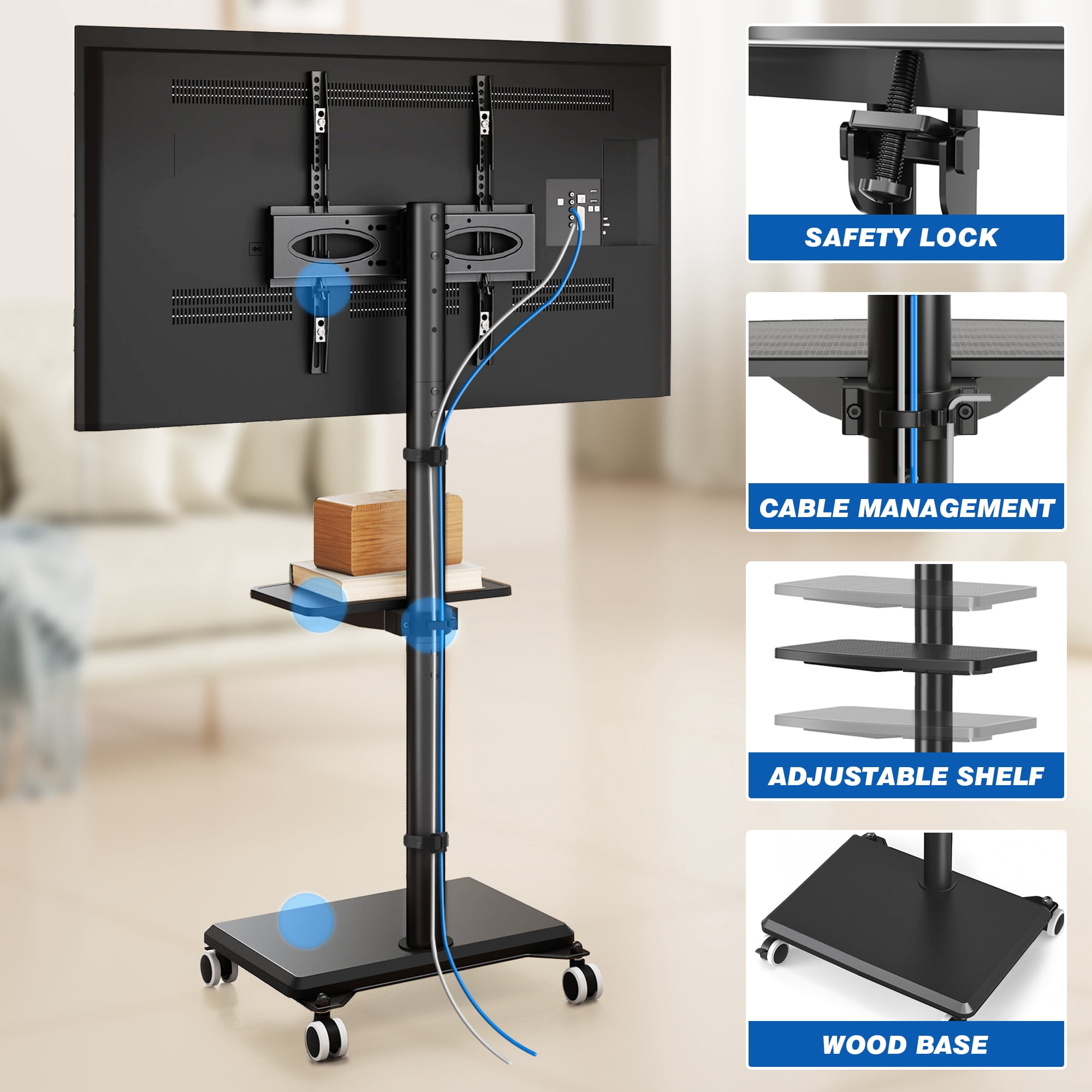 TAVR Furniture Rolling TV Cart Stand with Mount for 32-65 inch Screens, Corner Swivel TV Mount Stand with Rack Shelf