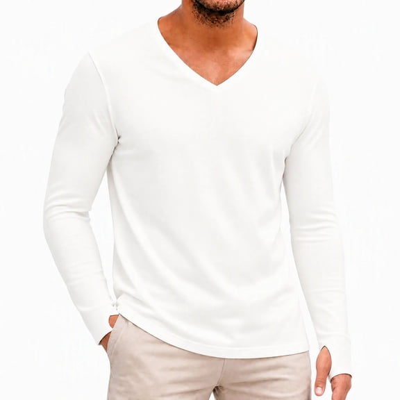 XuJwPNcy Men's T Shirts Long Sleeve Tops with Thumbhole Soft Casual V Neck Basic Tee(White,X-Large)