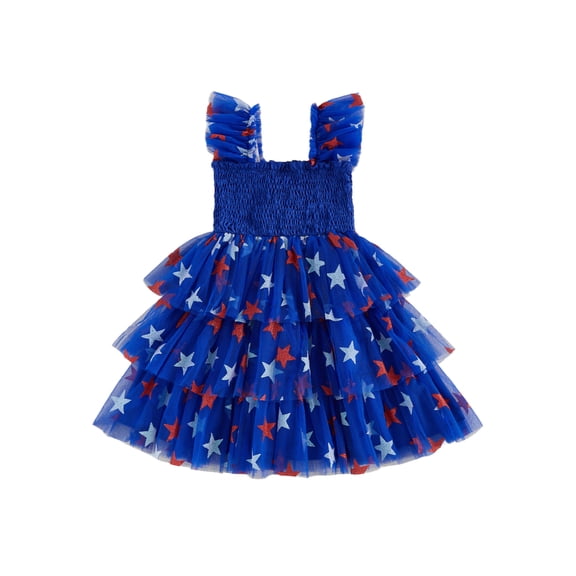 BemeyourBBs Toddler Baby Girl 4th of July Dress Outfit Baby Girl Patriot Independence Day Clothes Sleeveless Red White Blue Star Smocked Tutu Tulle Dress Little Girls Summer Cake Smash Party Dress