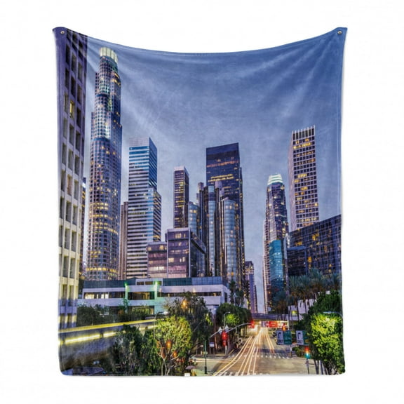 City Soft Flannel Fleece Throw Blanket, Los Angles California Skyline Urban USA Cityscape Skyscrapers Highway Avenue Trees, Cozy Plush for Indoor and Outdoor Use, 70" x 90", Multicolor, by Ambesonne