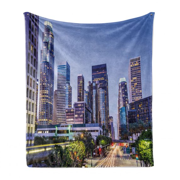City Soft Flannel Fleece Throw Blanket, Los Angles California Skyline Urban USA Cityscape Skyscrapers Highway Avenue Trees, Cozy Plush for Indoor and Outdoor Use, 50" x 60", Multicolor, by Ambesonne
