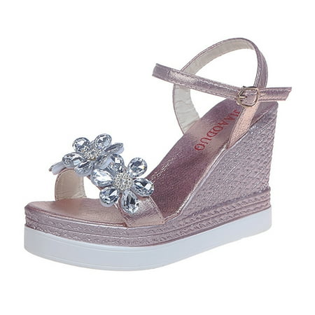 

KIJBLAE Women Buckle Strap Shoes Summer Platform Wedges Sandals Bling Rhinestone Open Toe Party Dress Wedges Sandals Pink 36