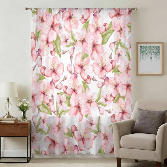 Pink Flowers Sheer Curtains 72 Inches Long, Watercolor Spring Botanical Floral Leaves Light Filering Curtains, Breathable Simi Curtain Privacy Drapes for Living Room Bedroom Window Treatment