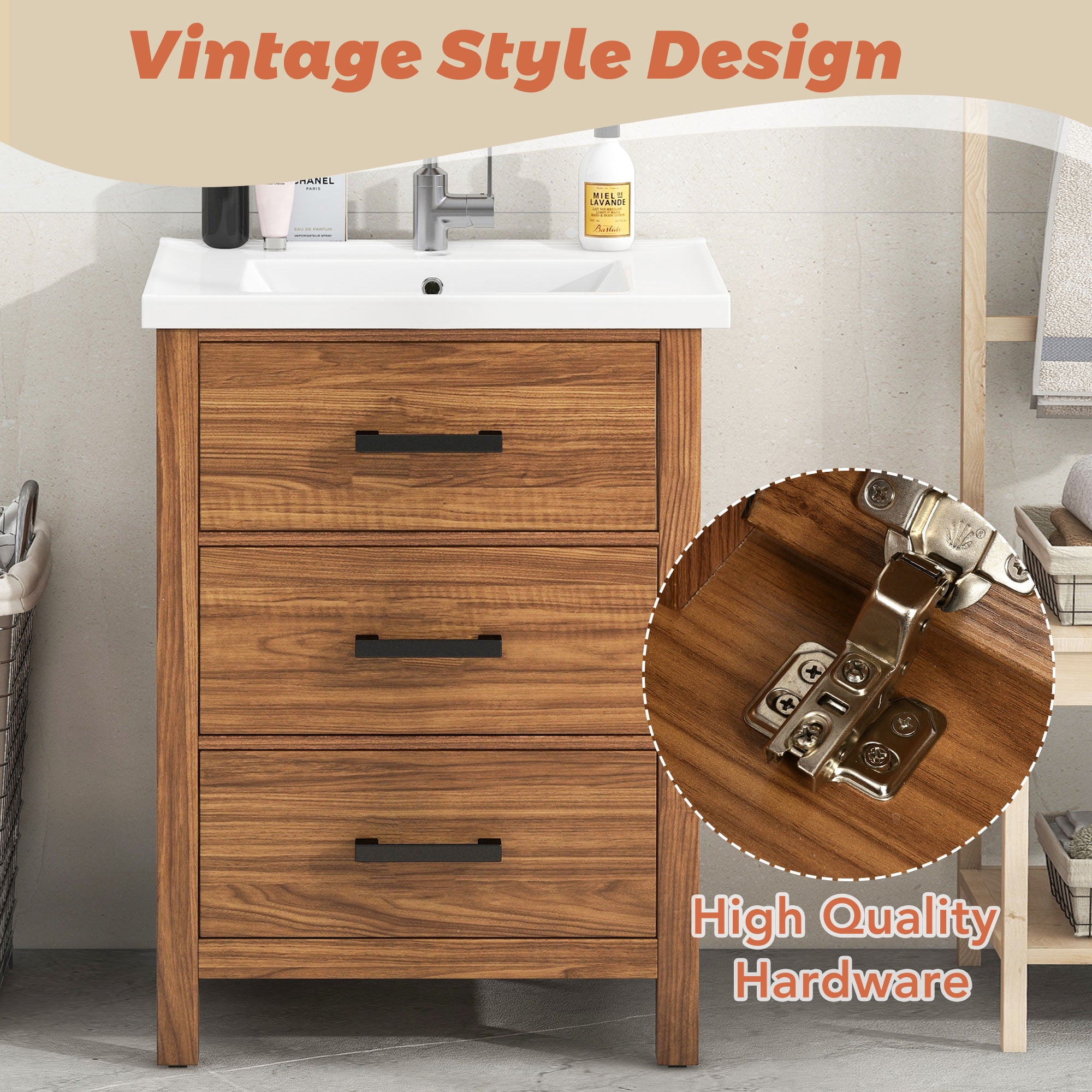 Euroco 24'' Bathroom Vanity with Ceramic Basin Sink, Modern Bathroom Storage Cabinet with 3 Drawers, Freestanding Bathroom Vanity Cabinet with Single Sink