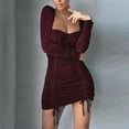 thumbnail image 2 of cfhntfmh Bodycon Dresses for Women Square Neck Long Sleeve Fall Ruched Mini Dress Slim Elegant Clubwear Dress, 2 of 7