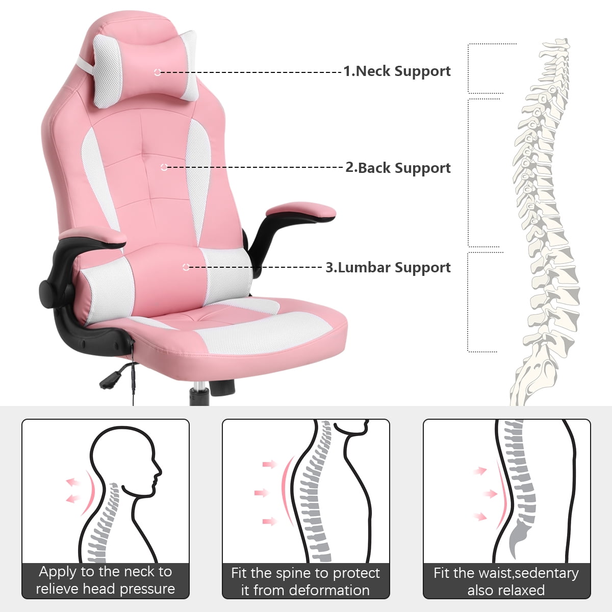 Dkelincs Video Game Chair Massage Gaming Chair PU Leather Computer Chair Ergonomic Office Desk Chair with a Vibrator Lumbar Support, Headrest, Flip Up Armrest, Pink