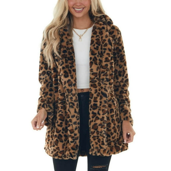 Women Plush Coat Open Front Turn Down Collar Keep Warm Thicken Jacket with 2 Side Pockets Leopard Print XL