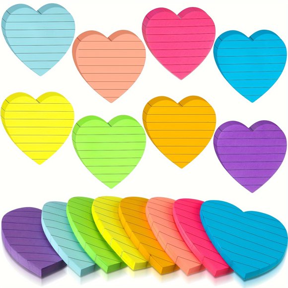 8-Colour heart-shaped sticky notes with horizontal lines, heart-shaped colored notes, N stickers, 30 sheets per Colour, 7.6cm * 7.6cm