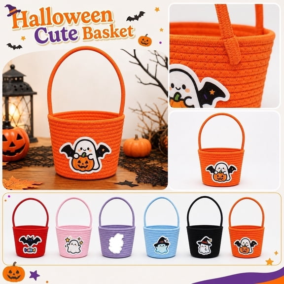 Halloween Cartoon Gift Basket Holiday Bucket Festive Party Tote Handheld Storage Organizer for Home Decoration Container Seasonal Decor , 1Pack Black