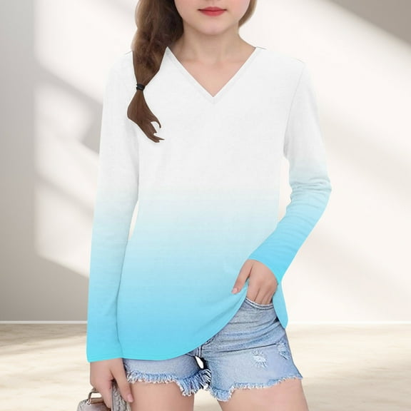 Piuwrlz Kids Long Sleeve Shirts Girls T-Shirts Printed V-neck V-neck T Shirt Tops Light Blue Size 5 Years