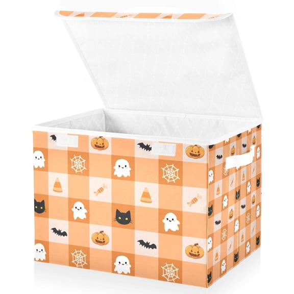 Yayeee Collapsible Cube Storage Bin with Lid Fabric Closet Decorative Basket with Handles, Orange Ghost Plaid Pattern