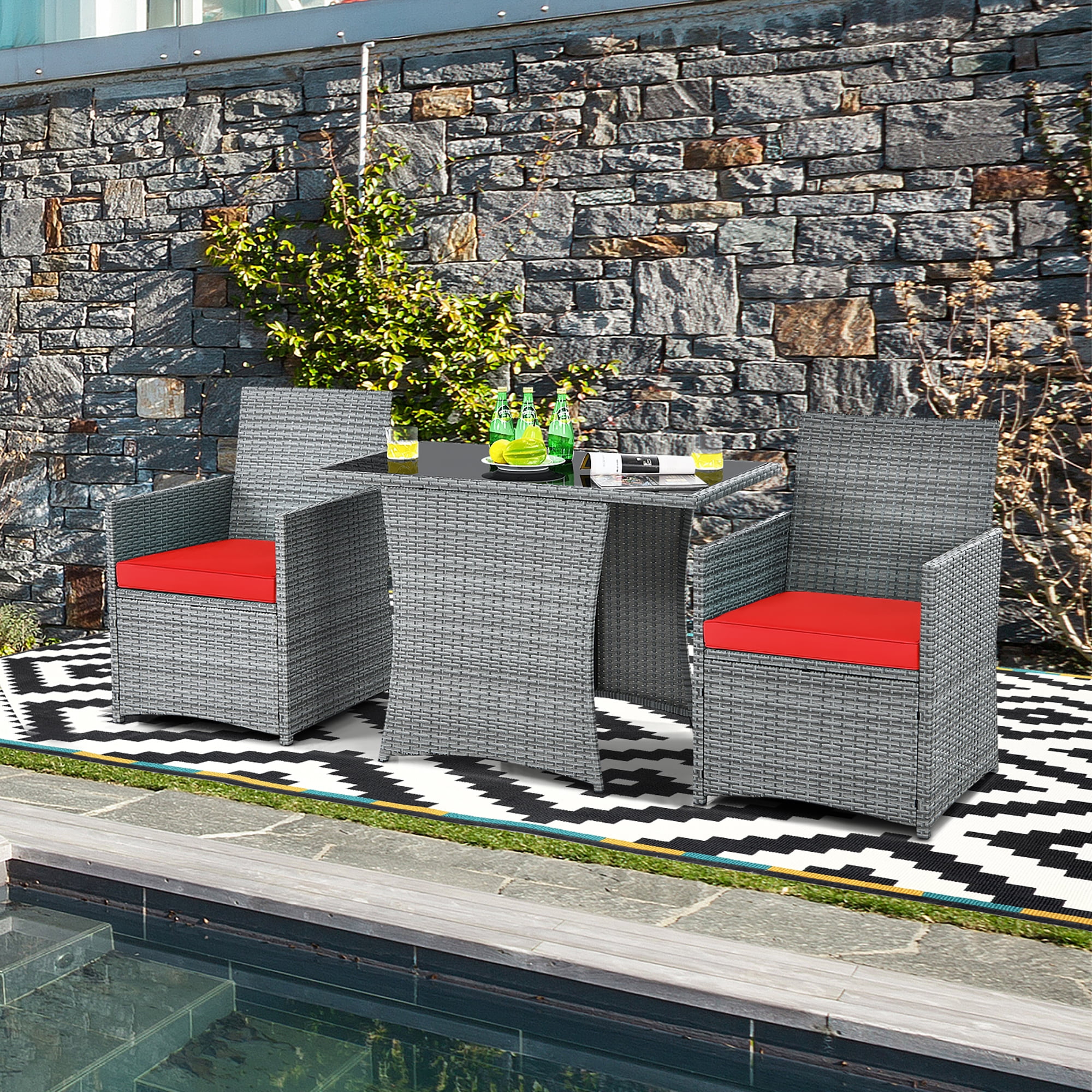 Costway 3PCS Patio Rattan Furniture Set Cushioned Sofa Armrest  Garden Red