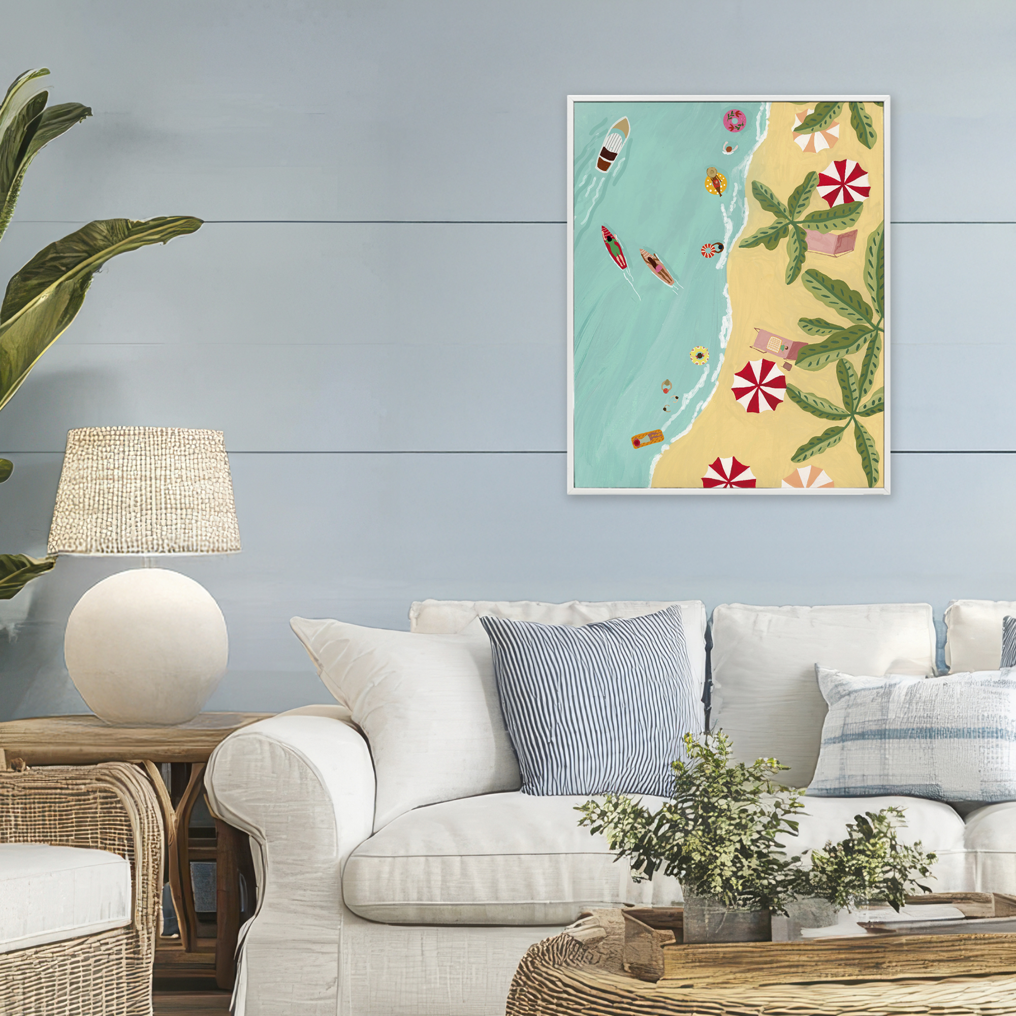Busy Beach Day Hangout White Framed Giclee Art, design by Nabeela Rumi
