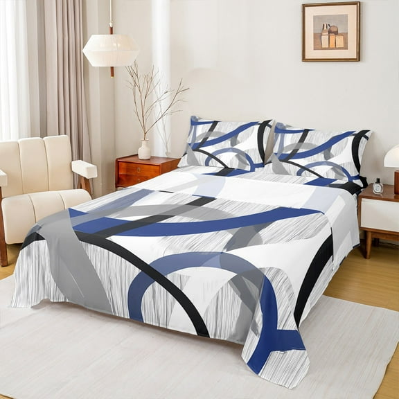 Manfei Geometric Circles Twin Sheet Sets 3pcs, Gray Blue Black Twin Fitted Sheet, Contemporary Abstract Art Flat Sheet, Microfiber Bedroom Decor