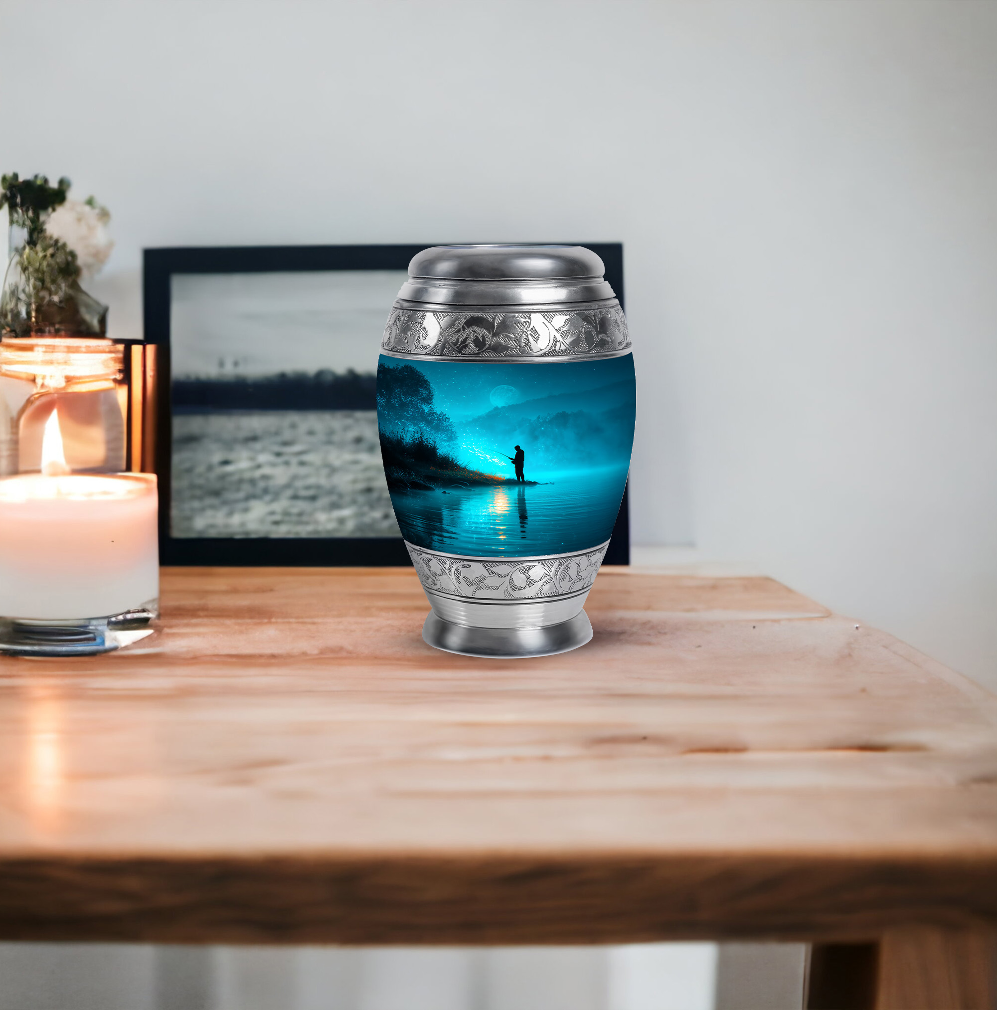 MUKTIVE Fishing Silhouette Keepsake Cremation Urns for Adult Ashes Men - Blue, Evening Small Decorative Burial Urn for Human Ashes for Men - Ash Holders - Remembrance Gifts for Loss (3 Inch)