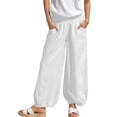 thumbnail image 3 of Women Cotton Palazzo Pants Summer Boho Wide Leg High Waist Casual Lounge Pant Vacation Outfits White M, 3 of 7