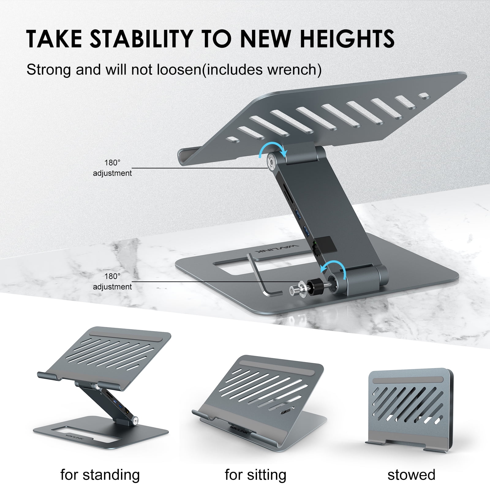 Wavlink Adjustable Aluminum Laptop Stand with 9-in-1 USB C Dock, Ergonomic Portable Computer Riser Compatible with MacBook & Windows, 10-17" Notebook and Tablet