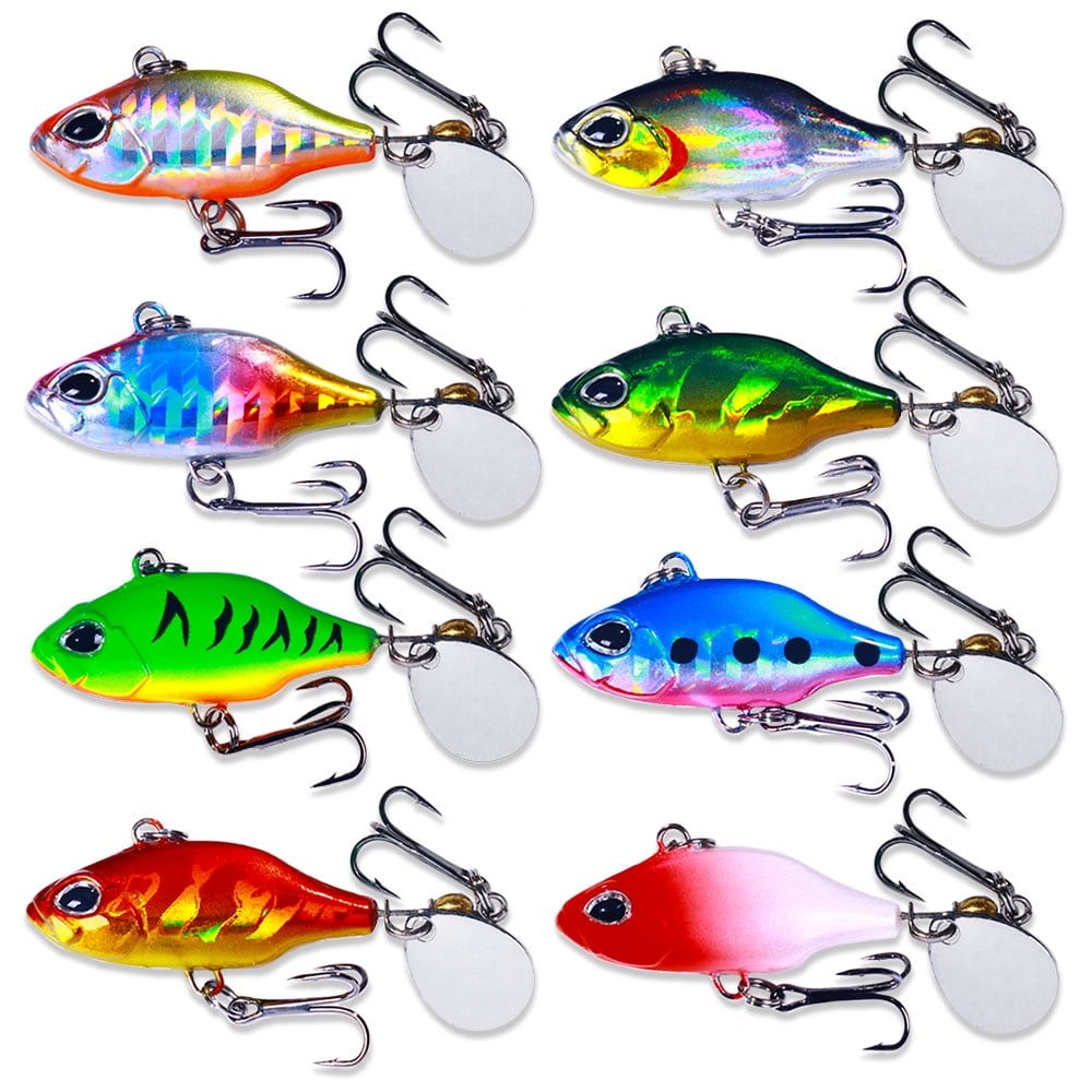 HENGJIA 8 Pack Fishing Spoons Lures, Fishing Jigs Metal Blade Bait Spinner with Sequin Tail Long Casting Jigging Spoon Lure VIB Hard Swimbait for Walleye Bass Trout Freshwater Saltwater